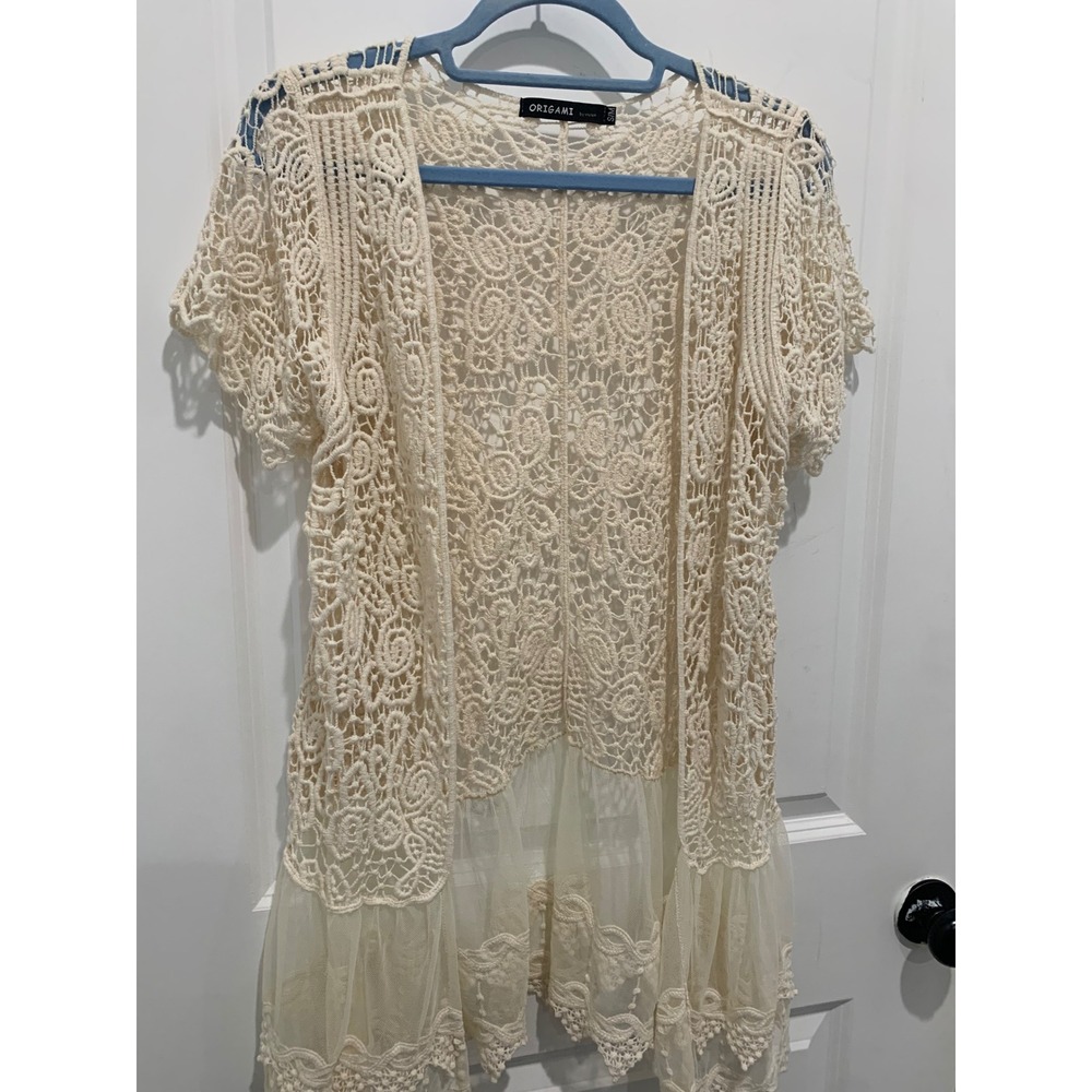 Origami by Vivien Boho Cream Crochet Lace Open Cardigan Mesh Ruffle Hem S/M